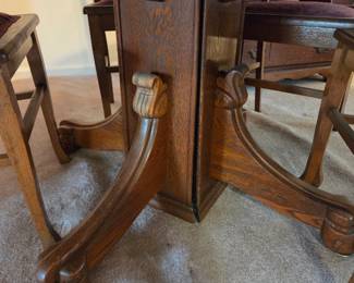 #13	Tiger Oak Wood Round Table w/square Pedestal w/5 chairs (chairs has strap Bottoms)  - 48x30 FIRM	 $250.00 