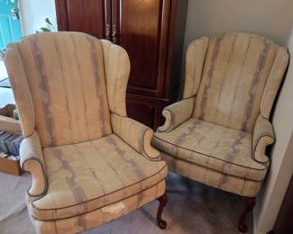 #9	Pem-Kay Set of 2 Wingbacks  Gray Sides w/Cream w/mauve and blue stripes - sold as  a pair	 $75.00 
