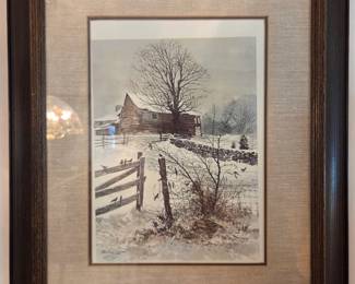 #16	Wood Framed Print of Prarie Home in Winter - signed by Michael Sloan - 1980 and initialed by Hand - 20x24	 $40.00 