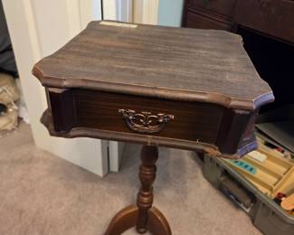 #34	Wood 3 legs Side Table w/pull-out Drawer (has finish issues) - 14x14x25	 $35.00 