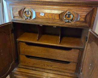#54	American Drew Wood Chest of 5 drawers and 2 doors w/3 cubbies (as is one drawer loose) - 37x16x57 - You Move 	 $125.00 