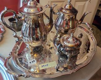 #68	Oneida Silverplate Tray w/legs and Handles and Coffee, Tea and Sugar Bowl (Creamer available but handle broken) - Tray - 22x15	 $60.00 