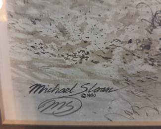 #16	Wood Framed Print of Prarie Home in Winter - signed by Michael Sloan - 1980 and initialed by Hand - 20x24	 $40.00 