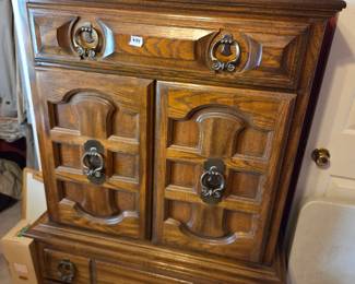 #54	American Drew Wood Chest of 5 drawers and 2 doors w/3 cubbies (as is one drawer loose) - 37x16x57 - You Move 	 $125.00 
