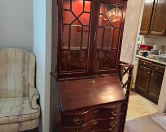 #10	Jasper Cabinet Wood Secretary w/7 drawer & pull-out Desk w/ Cubbies and 2 glass doors w/2 glass shelves - Ball and Claw Feet - lighted - 31x16x82	 $275.00 