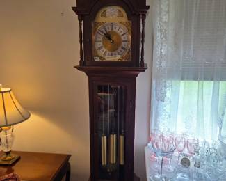 #4	Wood Carved Tempus Fugit Grandfather Clock  - 20x12x84 w/weights (has clock maintenance kit) - FIRM	 $300.00 