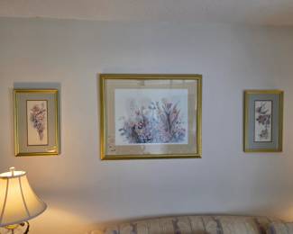 #7	Set of 3 Floral Prints in Wood Gold Painted Frame signed and numbered Print 1281/1900 by Burtrand- set of 3 pictures - Large one 35x28  Small one each measures 14x21	 $45.00 
