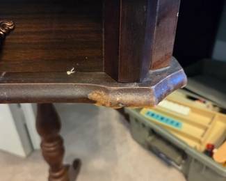 #34	Wood 3 legs Side Table w/pull-out Drawer (has finish issues) - 14x14x25	 $35.00 