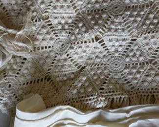 #43	Crocheted Coverlet w/Satin Cloth To Go underneath - approx 100x100 plus	 $45.00 