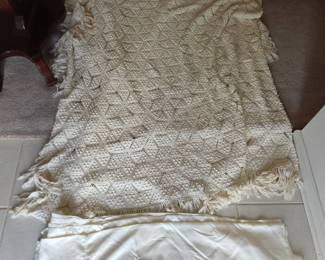 #43	Crocheted Coverlet w/Satin Cloth To Go underneath - approx 100x100 plus	 $45.00 
