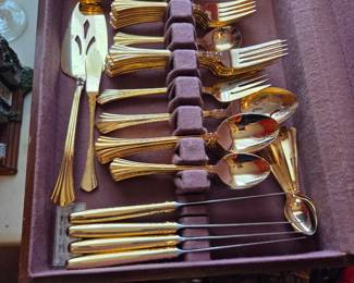 #69	Towle Gold Plated 5 piece - 8 place Setting Flatware in Box w/extra pieces and some serving pieces	 $75.00 