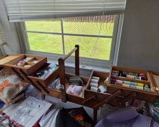 #84	Wood Fold-out Sewing Basket w/handle - 16.5x8x18 - includes accessories	 $30.00 