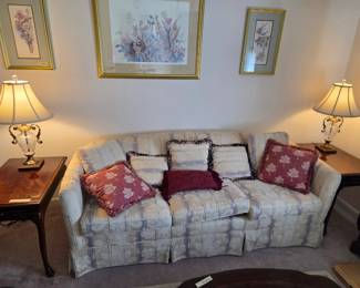 #1	Pem-Kay Furniture Co. Cream w/burgandy & Navy Stripe Solid back sofa w/cushions - 80" - You Move	 $75.00 