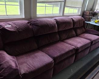 #90	Action Lane - Double Recliner Sofa - 118" - Heavy You Move Burgundy (has some scratches on one side bottom) 	 $10.00 