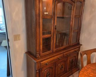 #12	Wood China Cabinet w/3 doors w/shelf & 1 Glass Door w/wood w/glass insert shelves - lighted  - 2 pcs. - 56x17x80 - You Move	 $75.00 