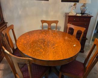 #13	Tiger Oak Wood Round Table w/square Pedestal w/5 chairs (chairs has strap Bottoms)  - 48x30 FIRM	 $250.00 