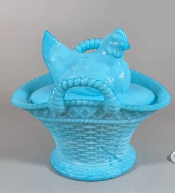 Blue milk glass Westmoreland hen on nest