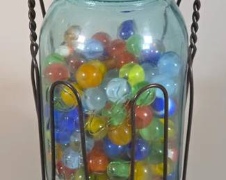 Vintage Ball mason jar with holder and collection of marbles