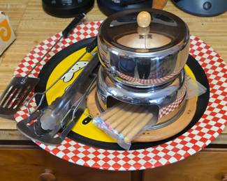 Fondue pot set and vintage grilling tray and tools