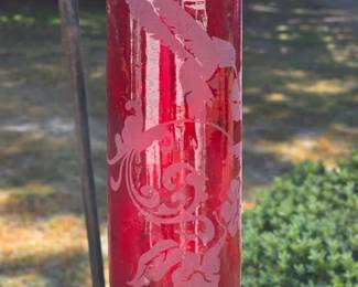 Glass etched hummingbird feeder