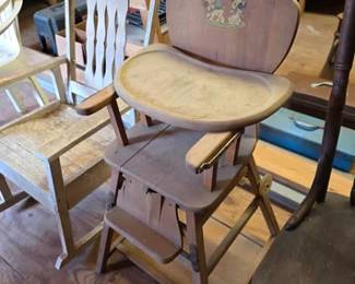 Vintage Oak Hill Co. , Massachusetts, wooden convertible high chair with tray and footrest