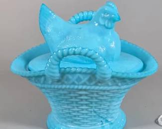 Blue milk glass Westmoreland hen on nest
