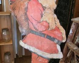 Handmade life-size Santa, papered plywood front and attached wood frame, stand