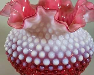 Fenton Art Glass cranberry opalescent hobnail vase with ruffled rim
