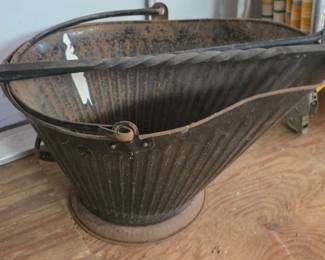 Coal bucket and wrought iron fireplace tools
