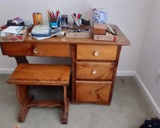 Wooden desk with 4 drawers and wooden stool