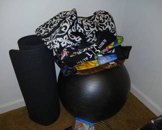 Several totes, workout ball and mat