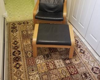 Ikea Poang armchair & matching ottoman with leather cushions; area rug
