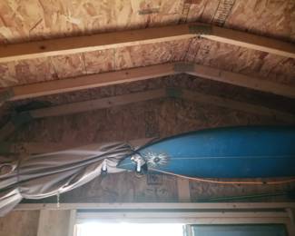 Shed stuff: market umbrella; surf board