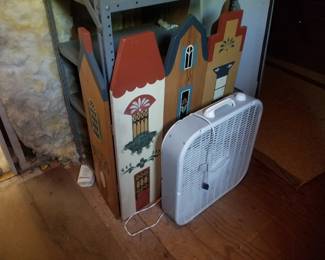 Box fan; hand-painted fireplace screen 