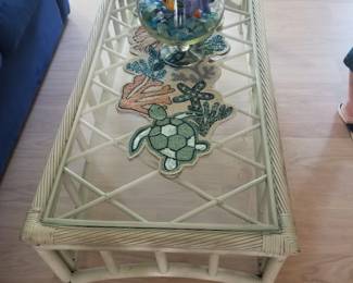 Rattan glass-top coffee table with matching end tables