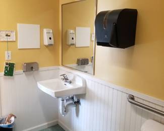 Sink; commercial mirror; paper towel dispenser; soap dispenser