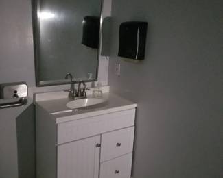Bath vanity; paper towel dispenser; commercial mirror