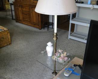 Brass floor lamp with glass and acrylic table top