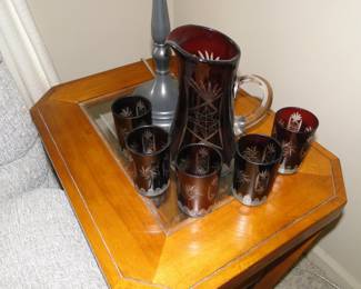 Cranberry cut glass set