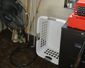Laundry bin and fan, keeps you cool while folding clothing
