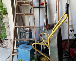 Wheelbarrow, ladder, screws, tools