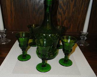 Green glasses and pourer