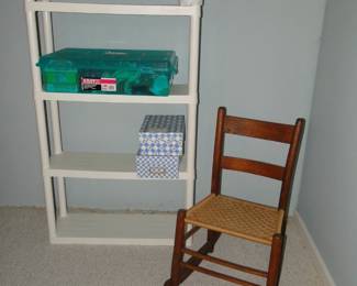 Small child rocking chair, and plastic storage shelf