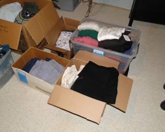 Boxes of pants and clothing too