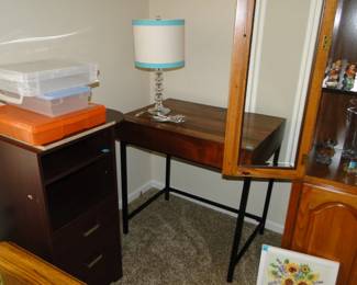 Small tidy table, and wonderful glass lamp with white and blue shade