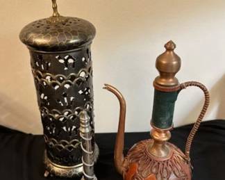Vintage brass Moroccan candle lantern, Moroccan rose water sprinkler and antique Middle Eastern  ewer.
