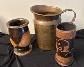 Wooden yerba mate cup, antique rustic copper pitcher and vintage wooden/carved cylander vase.