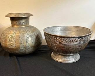 Brass antique holy water pot (India) and antique tinned copper bowl, 18th or 19th century from the Middle East.