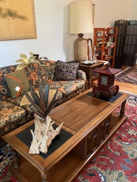 Mid Century sofa Viko Baumritter label, John Steck metal/driftwood  sculpture, MCD cork and teak lamps