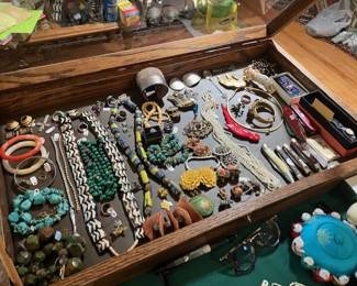African trade beads, pocket knives, turquoise beads, cuff links